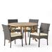 GDF Studio Montgomery Outdoor Acacia Wood and Wicker 5 Piece Dining Set with Cushion Teak Multibrown and Cream