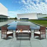 4-Piece Wicker Patio Conversation Furniture Set w/ 4 Seats Tempered Glass Table