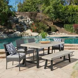 GDF Studio Triton Outdoor Acacia Wood and Wicker 6 Piece Dining Set with Bench Light Gray Sandblasted and Gray
