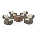 GDF Studio Barton Outdoor Wicker 5 Piece Swivel Club Chair and Fire Pit Set with Cushions Dark Brown Beige and Brown