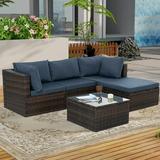Wicker Patio Conversation Set 5 Pcs Outdoor Sofa Set with Ottomans and Coffee Table All-Weather Outdoor Furniture for Backyard Front Porch Deck Balcony Brown Rattan+Gray Cushion