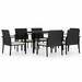 Anself Set of 7 Patio Dining Set Glass Tabletop Table and 6 Chairs with White Cushion Black Poly Rattan Powder-Coated Steel Frame Outdoor Dining Set for Garden Lawn Courtyard