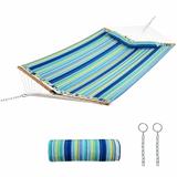 Patiojoy Portable Hammock W/ Spreader Bars & Detachable Pillow Quick Dry & Water Proof Material Hand Woven Cotton Rope Blue + Green