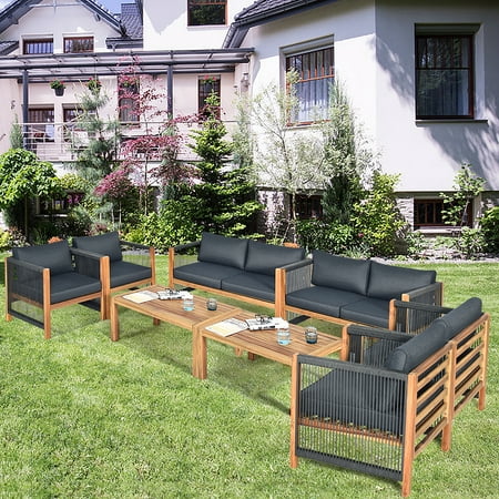 Costway 8 PCS Acacia Wood Patio Conversation Set w/Cushions for Garden Grey