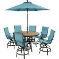 Hanover Monaco 7-Piece Outdoor High Dining Patio Set 6 Counter-Height Padded Sling Swivel Chairs 56 Round Tile Table 9 Umbrella and Umbrella Base Bronze Finish Rust-Resistant All-Weather