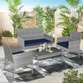 Outdoor Patio Furniture Set Seizeen 4 Pieces Rattan Conversation Set Cushioned Sofa & Charis Deck Garden Poolside Furniture Table Set for 4 Black