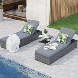 JOIVI Outdoor Chaise Lounge Chair 3 Piece Patio Reclining Sun Lounger with Coffee Table All Weather PE Rattan Adjustable Lounge Chair Patio Pool Lounge Chairs with Removable Cushion Grey