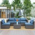 CozyHom 6 Pcs Outdoor Patio Wicker Rattan Furniture Set Sectional Conversation Sofa Set With Coffe Table And Cushions Blue
