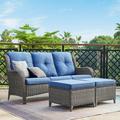 PARKWELL 3-Piece Patio Conversation Set Cushioned Sofa with Ottomans Outdoor Furniture Sets Gray Wicker and Blue Cushion