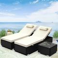 uhomepro 3 Pieces Patio Chaise Lounge Chair Recliner with Side Table Cushion Adjustable Back Rattan Wicker Outdoor Patio Furniture Set Beige