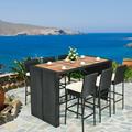 Gymax 7PCS Rattan Wicker Bar Set Patio Dining Furniture w/ Wood Table Top 6 Stools