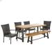 Soltice Outdoor 6 Piece Acacia Wood Dining Set with Multibrown Wicker Stacking Chairs