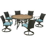 Hanover Monaco 7-Piece Outdoor Patio Dining Set 6 Cushioned Wicker Back Swivel Rocker Chairs and 60 Round Tile Table Brushed Bronze Finish Rust-Resistant All-Weather - MONDNWB7PCSW6RDTL-BLU