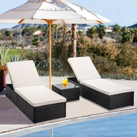 Segmart Outdoor Patio Lounge Furniture Set 3 Pieces Adjustable Wicker Chaise Chairs for Outside Poolside Folding Chaise Lounge Set with Cushions and Coffee Table