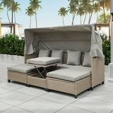 SESSLIFE Patio Sofa Daybed Set Outdoor Conversation Sets with Lounge Sofa Retractable Canopy and Lifting Table Space Saving Sectional Outdoor Furniture