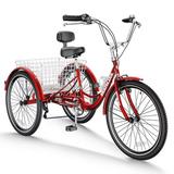 MOPHOTO 7 Speed Adult Tricycle 24 inch Trikes for Adults Adult Tricycle with Basket Adult Trikes for Seniors Dual Braking System 3 Wheel Bikes for Shopping Picnics Exercise