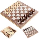 walmeck 3-in-1 Multifunctional Wooden Chess Set Folding Chessboard Travel Games Chess Checkers Draughts and Backgammon Set Entertainment