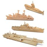 Puzzled Bundle of Submarine Destroyer Battleship & Aircraft Carrier Wooden 3D Puzzles Construction Kits Educational DIY Naval Ships Toys Assemble Models Unfinished Wood Craft Hobby Puzzles - 4 Pack