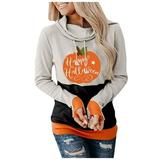 Women Long Sleeve Casual Hoodies Pumpkin Printed Pullover Tops Pile Collar Colorblock Sweatshirt