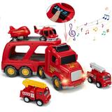 YouLoveIt Transport Truck Toy Cartoon Truck Friction Powered Car Toys Carrier Truck Play Vehicles Toys Set with Sound and Light Car Toy Set for Boys Girls 4 Mini Car Taxi Airplane Helicopter