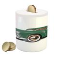 Manly Piggy Bank Antique Automotive Old Model Nostalgia Historic Retro Car Illustration Ceramic Coin Bank Money Box for Cash Saving 3.6 X 3.2 Forest Green White by Ambesonne