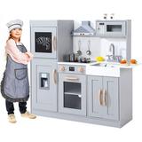 Kids Kitchen Playset Wooden Chef Pretend Play Set with 20 PCS Cookware Accessories Ice Maker Microwave Oven Range Hood Sink Real Lights & Sounds for kids Gray