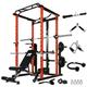 RitFit 1000LB Capacity Power Cage Rack with Lat pull down Adjustable Weight Bench 7ft Olympic Barbell 230lb Rubber Weight Plates & Free Barbell Clamps