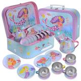 15 Piece Girls Pretend Toy Tin Tea Set Carrying Case Ballea