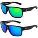 Birdz Glide Sunglasses for Men or Women Scratch Resistant Lens Lightweight Black Square Frame Green and Blue Mirror Lens