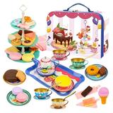 WISESTAR Tea Party Set for Little Girls- 50Pcs Kids Tea Set with Food Treats Playset & Carrying Case- Tin Tea Set for Princess Kitchen Pretend Play Toy for Toddlers Age 3-10