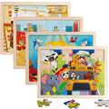 Kids Wooden Puzzles 4 Packs of 24 Pieces Sea World Zoo Animal Engineering Vehicle Jigsaw Puzzles Early Learning Educational Toys Gifts For Toddlers 3-8 Years Old