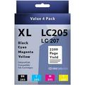 Brother LC205 / LC 207 High Yield Ink Cartridge InkjetsClub Ink Cartridge Replacement 4 Pack Value Pack. Includes 1 Black 1 Cyan 1 Magenta and 1 Yellow Compatible Ink Cartridges