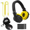 Pioneer DJ HDJ-CUE1BT Black Wireless Bluetooth Headphones with Yellow Ear Pad Accessories Package