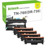 Aztech 5-Pack Compatible Toner Cartridge TN-760 & Drum Unit DR-730 for Brother HL-L2370DW HL-L2350DW DCP-L2550DW MFC-L2730DW MFC-L2750DW Printer (4*Black Toner Cartridge 1*Drum)