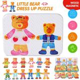 SHELLTON 36Pcs Magnetic Wooden Bear Family Dress up Puzzle Box Wooden Sorting and Matching Jigsaw Puzzle Toys for 3-6 Years Boys and Girls(Mama bear)
