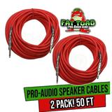 Fat Toad Speaker Cables - 1/4 to 1/4 inch Male Jack (2 Pack) - 50 ft Professional Pro Audio Red Speaker PA Patch Cord - 12 AWG Gauge Wire for Impeccable Studio Recording & Stage Performance Gear