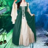 Travelwant Womens Renaissance Cosplay Costume Medieval Irish Over Dress and Chemise Boho Set Gothic High Waist Gown Dress