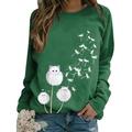 Glookwis Women Crew Neck Sweatshirt Casual Tops Leisure Round Collar T-shirt Dandelion Print Cat Printed Pullover Green M