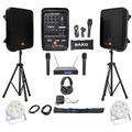 JBL EON208P 8 Powered Bluetooth Speakes +Mixer+Stands+Wireless Mics+Headphones