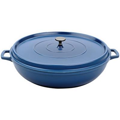 GET Heiss 7.5 Qt. Cobalt Blue Enamel Coated Cast Aluminum Round Brazier / Paella Pan with Lid CA-015-CB/BK/CC