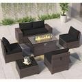 ALAULM Outdoor Patio Furniture Set with Gas Fire Pit Table 7 Pieces Patio Furniture Set Outdoor Sectional Sofa w/43in Propane Fire Pit PE Wicker Rattan Patio Conversation Sets