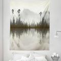 Forest Tapestry Misty Northern Nature Jungle with Hills and River at Dusk Water Reflection Fabric Wall Hanging Decor for Bedroom Living Room Dorm 5 Sizes Cream Grey Brown by Ambesonne