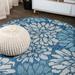 Zinnia Modern Floral Textured Weave Navy/Aqua 6 Round Indoor/Outdoor Area Rug