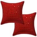 Stylo Culture Indian Sofa Throw Pillow Covers 16 x 16 Embroidered Mirror Lace Red Bohemian 40cm x 40cm Living Room Cotton Geometric Square Cushion Covers | Set Of 2