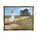 Stupell Industries Woman Standing Windswept Breeze Distant Beach House Painting Metallic Gold Floating Framed Canvas Print Wall Art Design by Tom Mielko