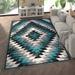 Emma + Oliver 8x10 Distressed Southwestern Diamond Motif Plush Pile Olefin Accent Rug in Turquoise Beige Brown and Black - Jute Backing