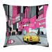 New York Throw Pillow Cushion Cover View of Manhattan and a Taxi Cab at Times Square Decorative Square Accent Pillow Case 18 X 18 Grey Teal Pink Mustard and Charcoal Grey by Ambesonne