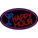 Red Happy Hour And Wine Glass Oval With Pink Border LED Neon Sign 13 x 24 - inches Clear Edge Cut Acrylic Backing with Dimmer - Bright and Premium built indoor LED Neon Sign for Bar decor.