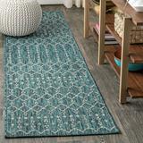 Ourika Moroccan Geometric Textured Weave Teal/Gray 2 ft. x 10 ft. Indoor/Outdoor Runner Rug