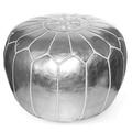 Ikram Design Stuffed Silver Moroccan Leather Pouf Ottoman 20 Diameter and 13 Height